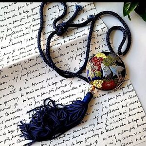 Vintage Asian Cloisonne Tassel Pendant Blue Cord Necklace 28"L
